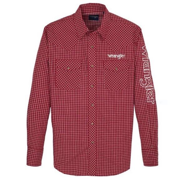 Wrangler NWT Large Logo Red Plaid Button Up Shirt Pearl Snap Western Boot Barn - Picture 5 of 5